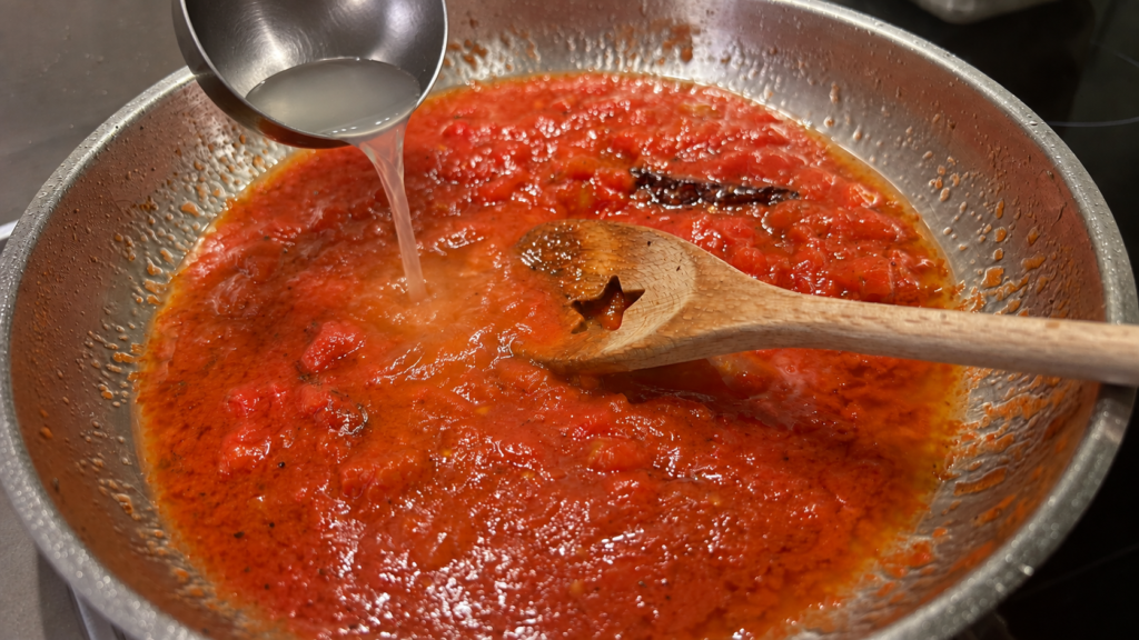 Pastawasser wird in Tomatensauce hinzugefügt