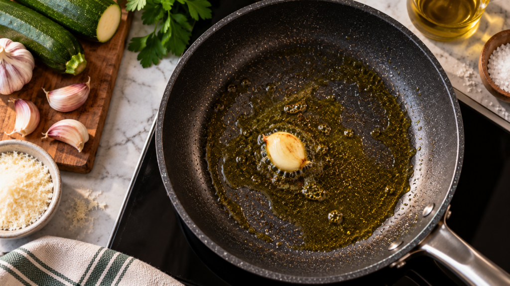 In einer Pfanne wird Knoblauch in Olivenöl angedünstet