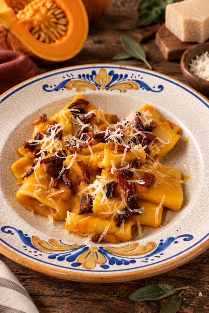 Kürbispasta mit Guanciale in einem rustikalen Teller serviert