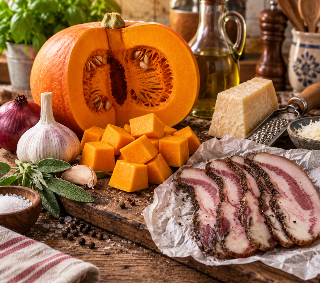 Zutaten für Pasta mit Kürbis und Guanciale