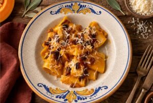 Kürbispasta mit Guanciale in einem rustikalen Teller serviert