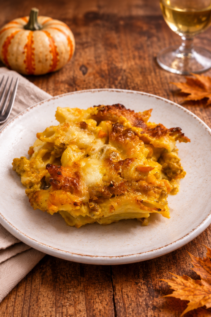 Herbstlicher Nudelauflauf mit Kürbis und Salsiccia auf einem Teller