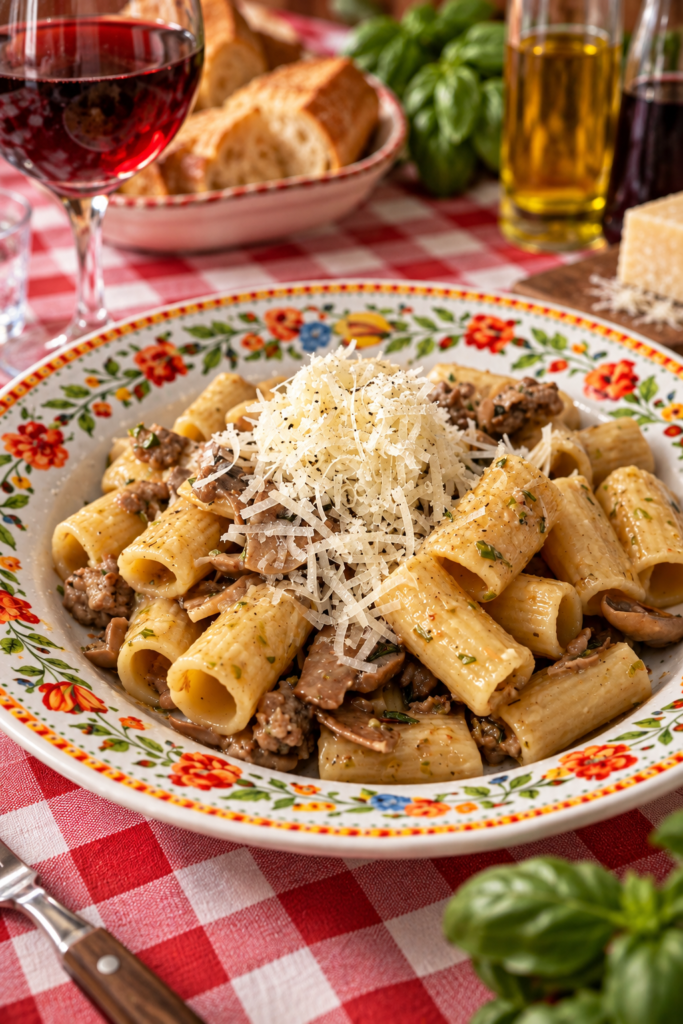 Mezze Maniche mit Pilzen und Salsiccia