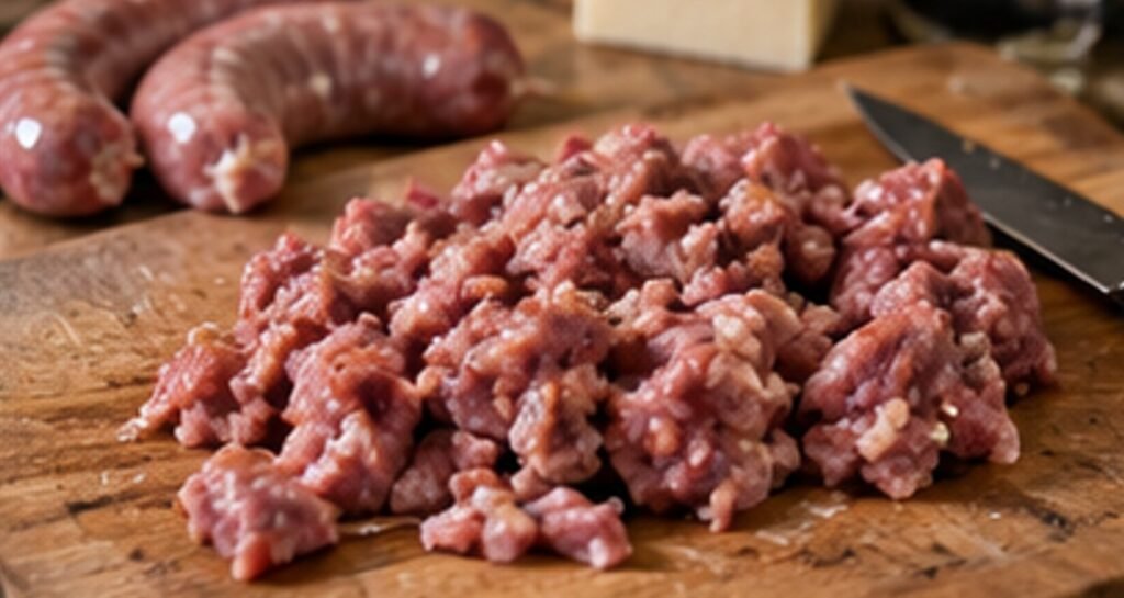 Gezupfte Salsiccia auf einem Holzbrett