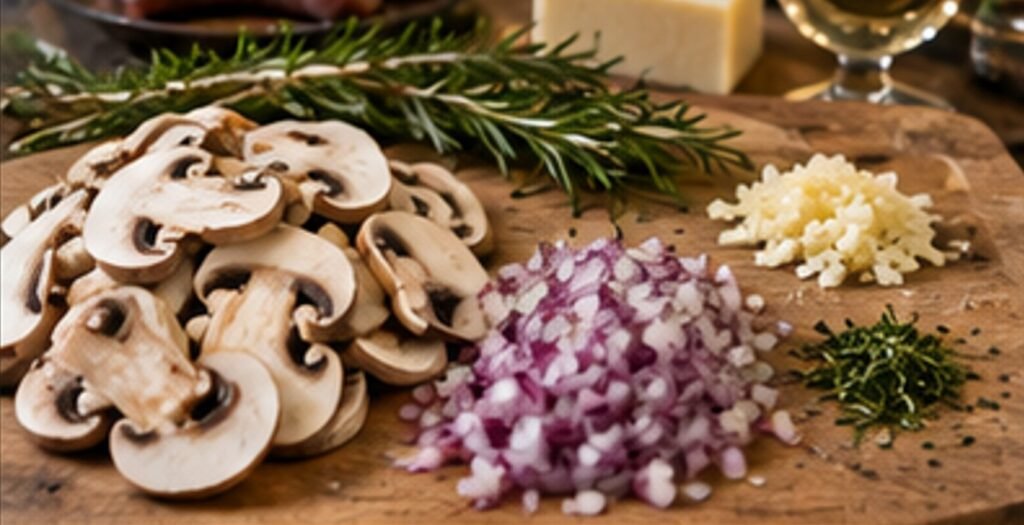 Pilze geschnitten, Zwiebeln gehackt