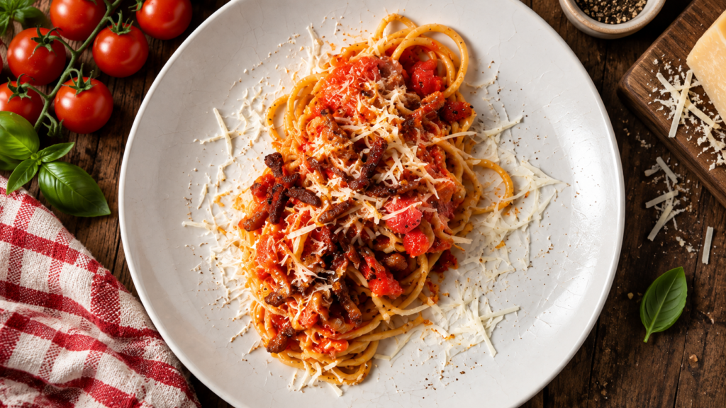 angerichtete Spaghetti all'amatriciana