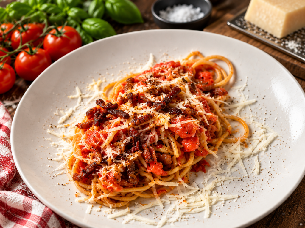 Spaghetti all'Amatriciana auf weißem Teller garniert mit knusprigem Guanciale