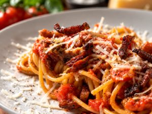 Speghetti all'Amatriciana auf weißem Teller. Garniert mit knusprigem Guanciale, PEcorino und frisch gemahlenem Pfeffer