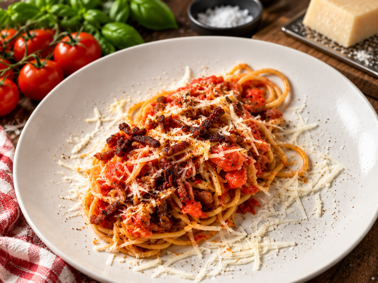 Spaghetti all'Amatriciana auf weißem Teller garniert mit knusprigem Guanciale