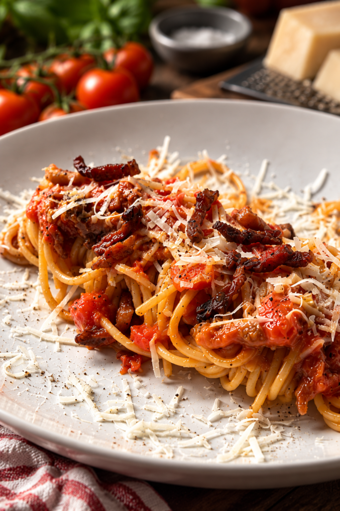 Ansehnlich angerichtete Spaghetti all'Amatriciana