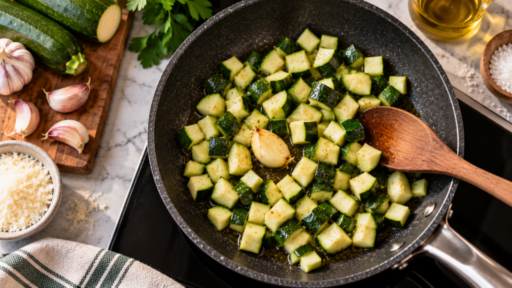 In einer Pfanne werden Zucchiniwürfel gedünstet