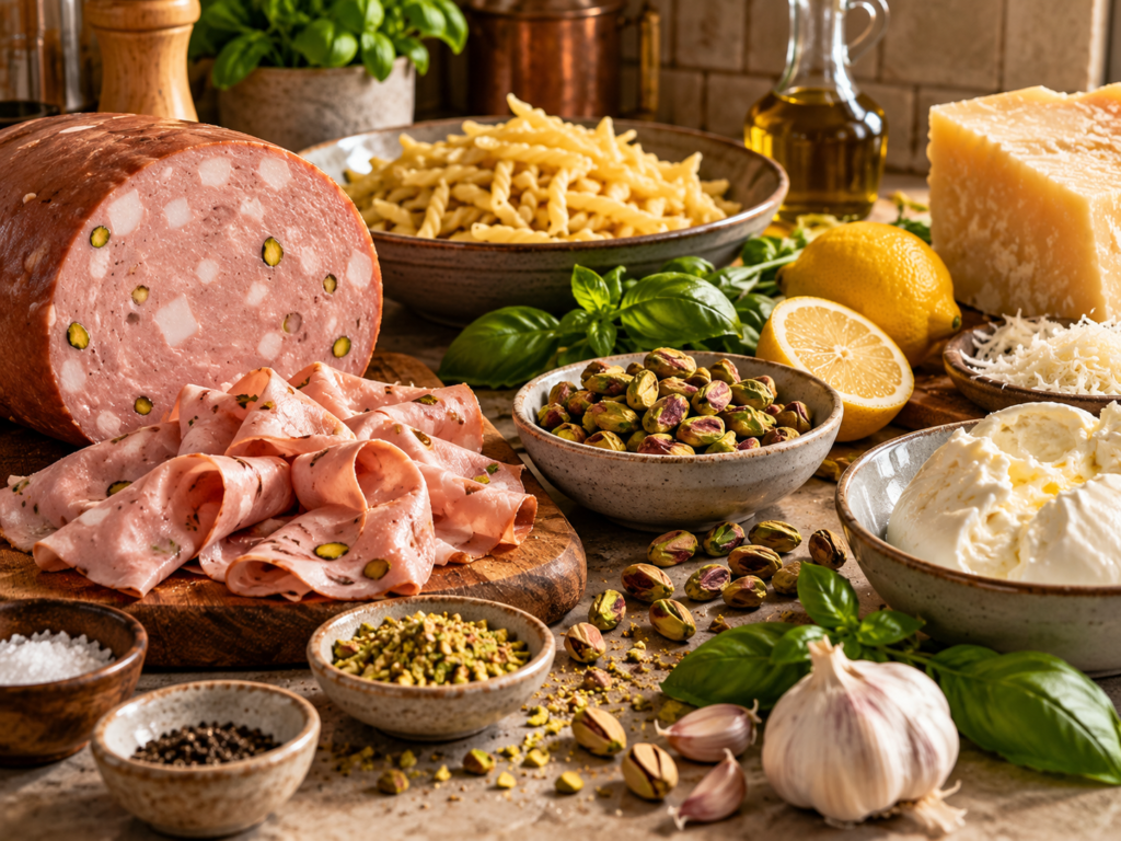 Zutaten für Pasta mit Mortadella, Pistazie und Burrata