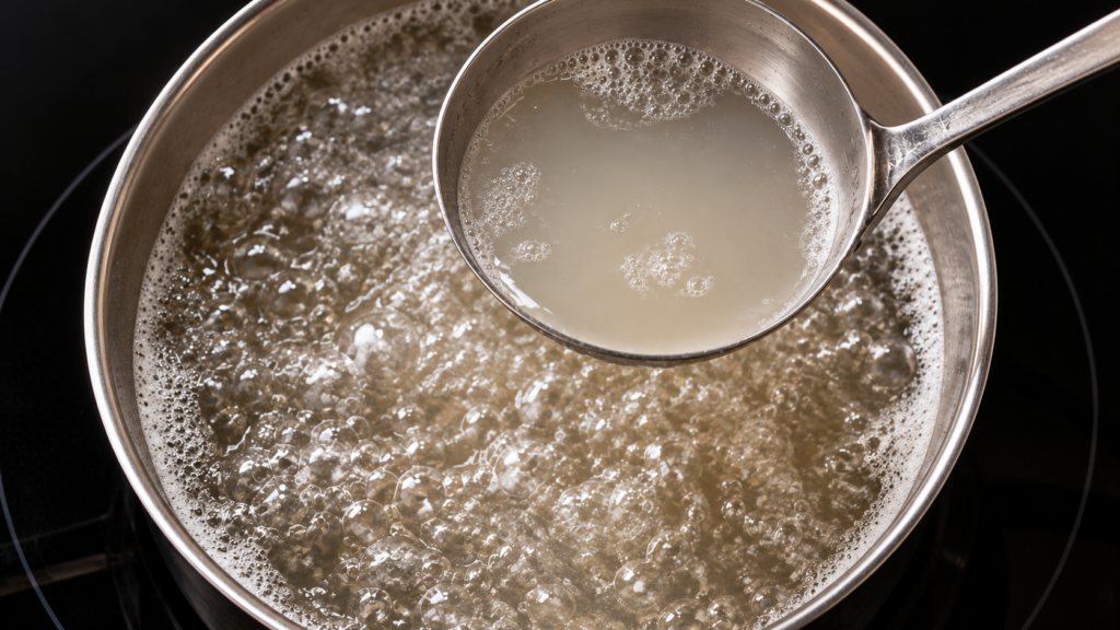 Mit einer Kelle wird Pastawasser aus kochendem Wasser entnommen