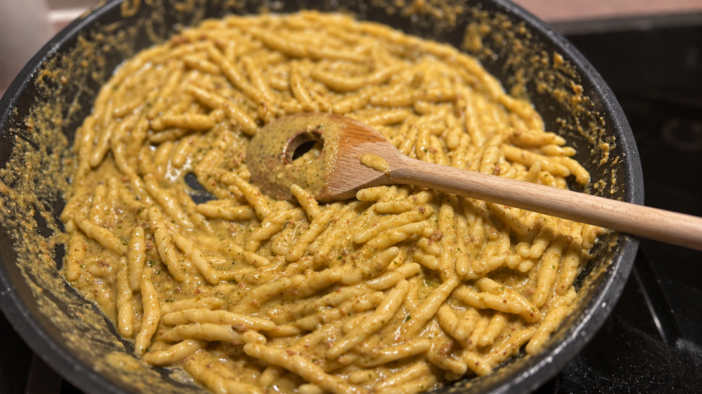 Pistazienpesto wurde mit Trofies vermengt