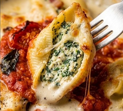 Eine Conchiglioni Nudel mit cremiger Ricotta-Spinatfüllung aufgestochen auf einer Gabel