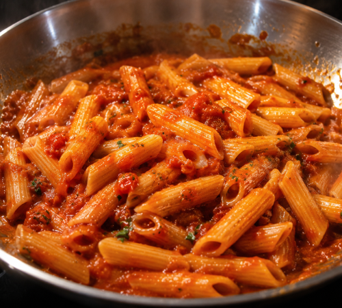 Penne werden mit fruchtiger Tomatensauce in einer Edelstahlpfanne vermengt