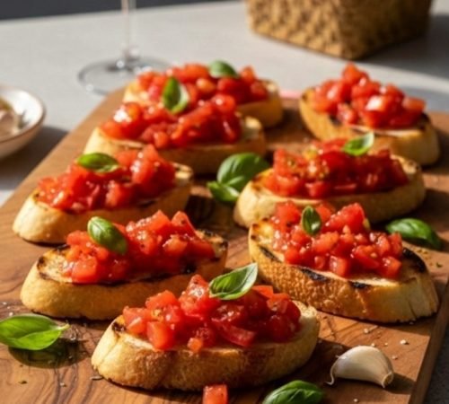 Bruschetta auf einem Holzbrett in mediteranem Ambiente serviert