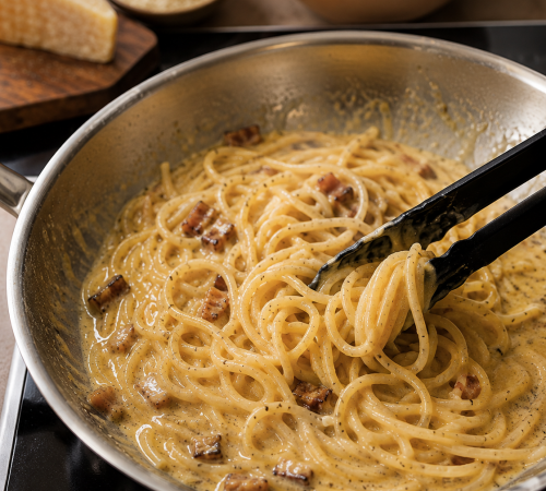cremige Carbonara wird in einer Edelstahlpfanne mit Spaghetti vermengt