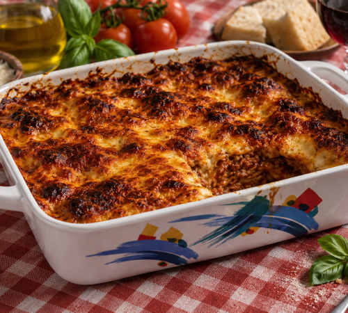 knusprige Lasagne in einer Auflaufform