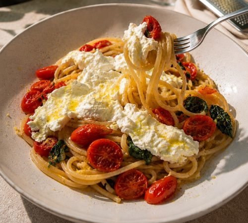 Eine Gabel zieht Linguine mit Burrata und geschmorten Tomaten aus einem Teller voller Sommer