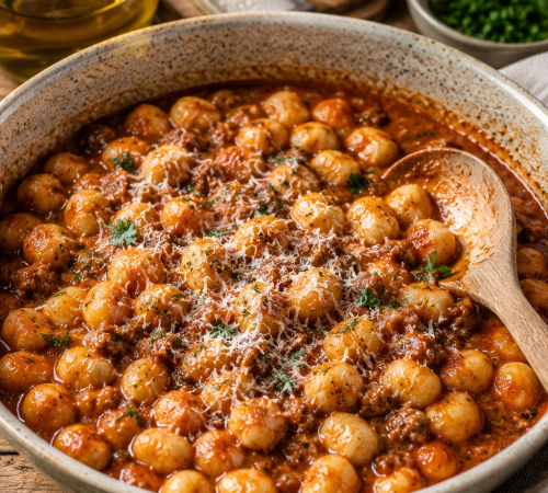 Große Schüssel mit Gnocchi in Bolognesesauce