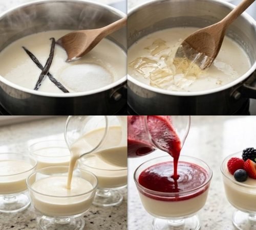 4 Bilder mit den Zubereitungsschritten für Pana Cotta