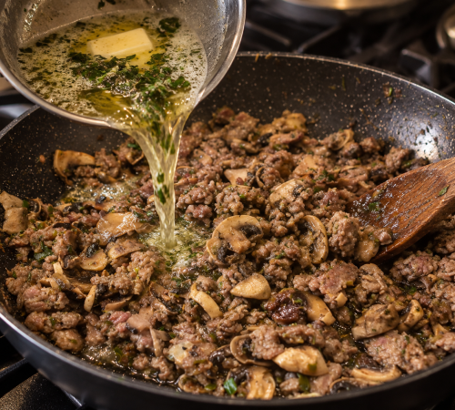 Rosmarinbutter wird in Salsiccia-Sauce gegossen