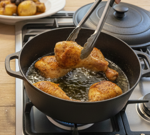 Bräter mit Sauce und Hähnchenteilen