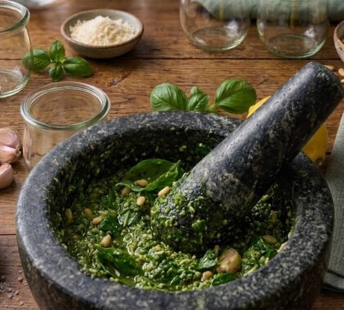 Pesto in einem dunklem MArmormörser