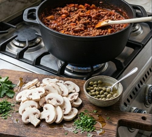 Gasherd mit Hachfleischsauce in Schmorrtopf. Davor geschnitte Champignons und Kapern