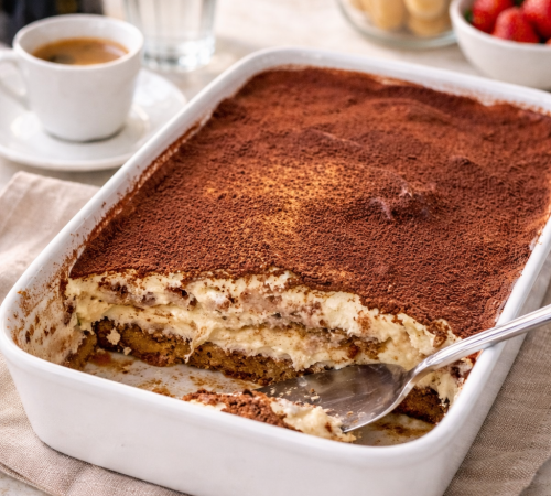 Tiramisu nach original italienisches Rezept angestochen in einer Auflaufform